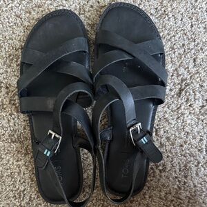 TOMS Black Genuine Leather Crisscross Sandals